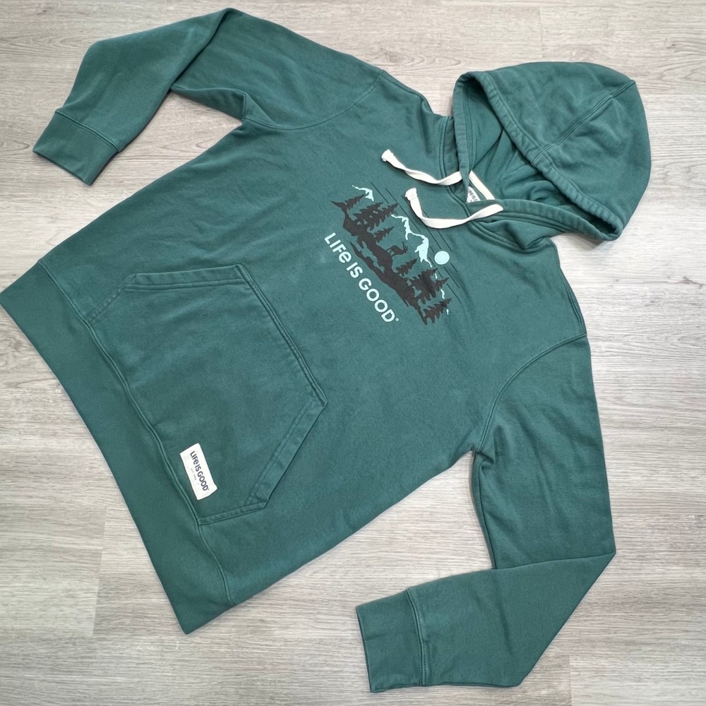 Life is Good Hoodie Medium Pullover Mountain Scene Comfy Casual Graphic Hoodie